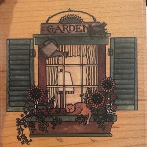Garden Window Stamp with Cat and Sunflowers
